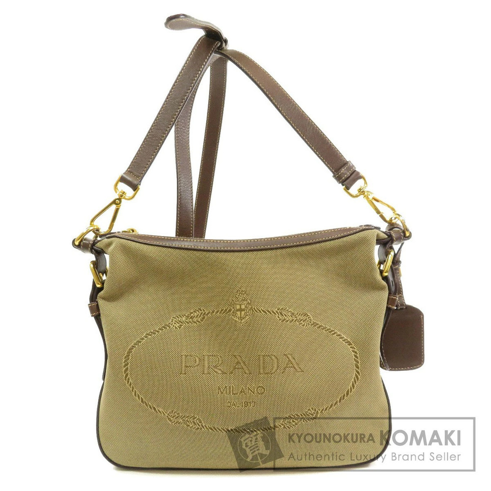 Prada Jacquard Logo Canvas Shoulder Bag khaki body brown leather